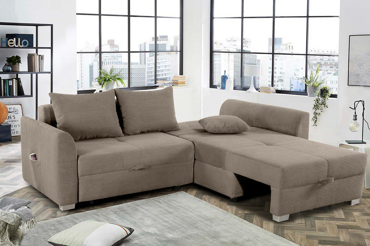 ECKSOFA mit Schlaffunktion und Bettkasten, seitenverkehrt montierbar B236/T160/H81 cm, Liegefl. 142x202 cm, Cord Braun Taupe / 15208 - Taupe/Chromfarben, Kunststoff/Textil (236/160cm) - luma-home