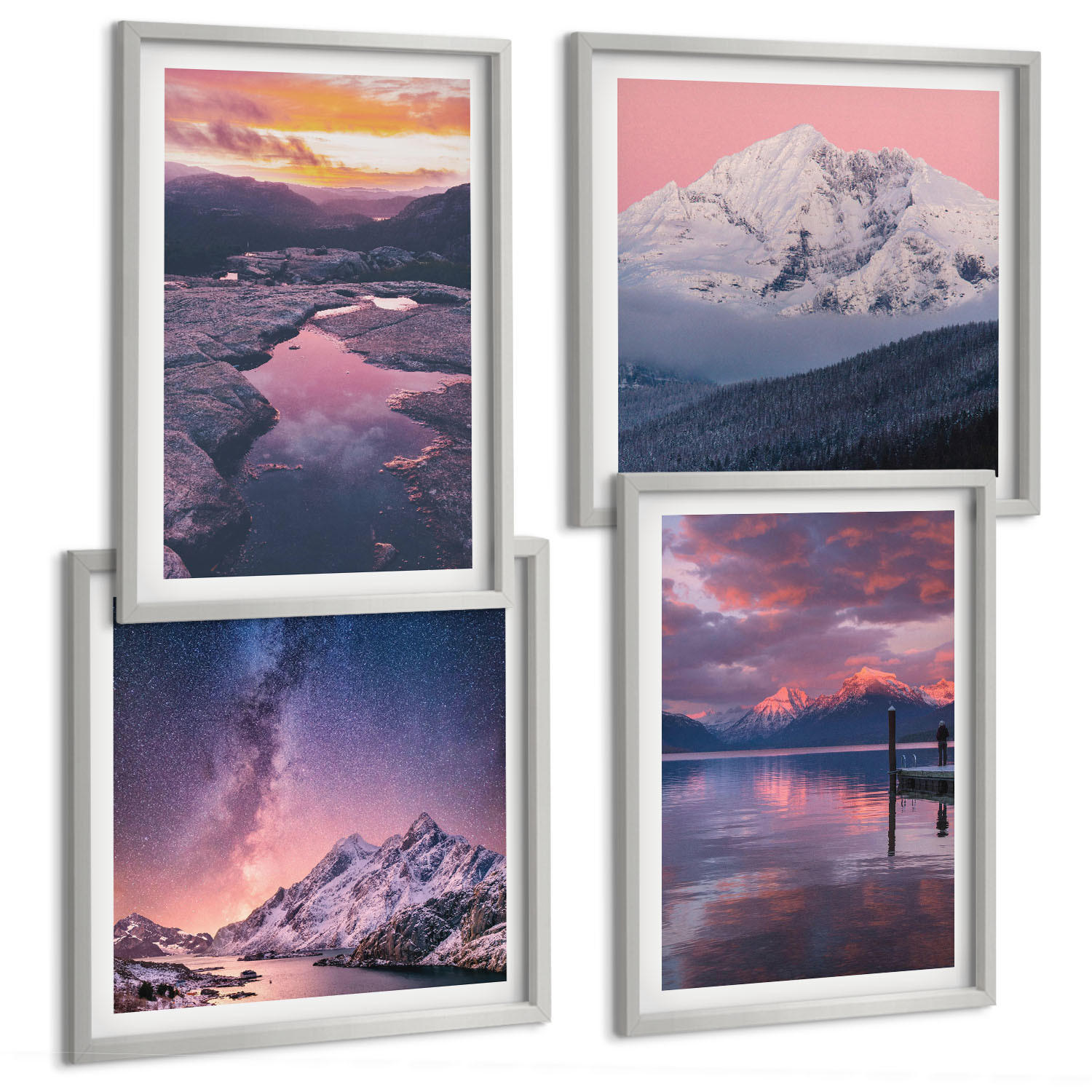 BILDER SET 4er Set - 50x50 cm & 40x60 cm Silberner Rahmen - Berge, Wasser, wunderschöne Landschaften - Silberfarben, Kunststoff (50/50cm) - TULUP