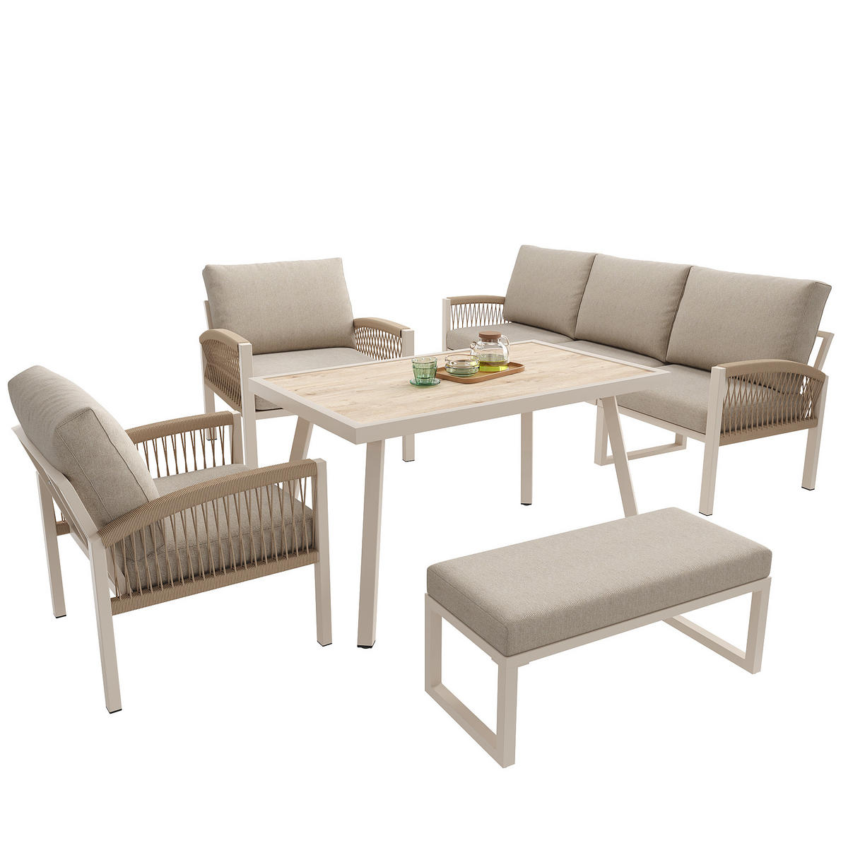 GARTENSETS aus Eisen 173.5x65x62.5cm Beige mit Holzoptik-Glasplatte - Beige, Metall - Modfu
