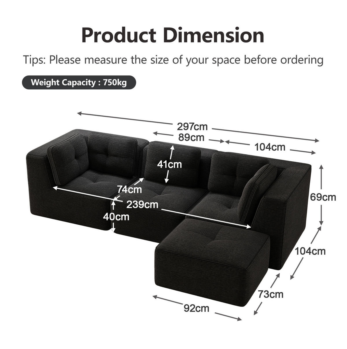 ECKSOFA 297/177/69 cm schwarz aus Cord mit modularem Design und tiefer Sitzfläche - Schwarz, Textil (177/297cm) - OKWISH