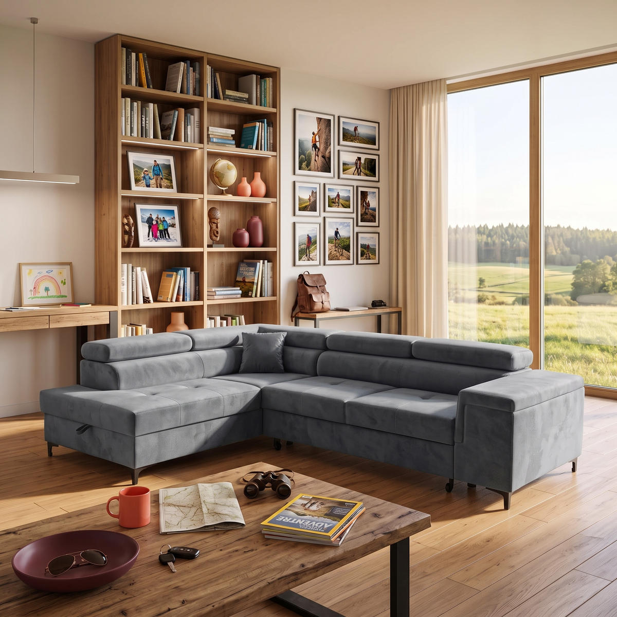 ECKSOFA WILLIAM L Links mit Schlaffunktion 127x195 Velours Grau - Silberfarben/Grau, Holz/Textil (275/203cm) - Muffo