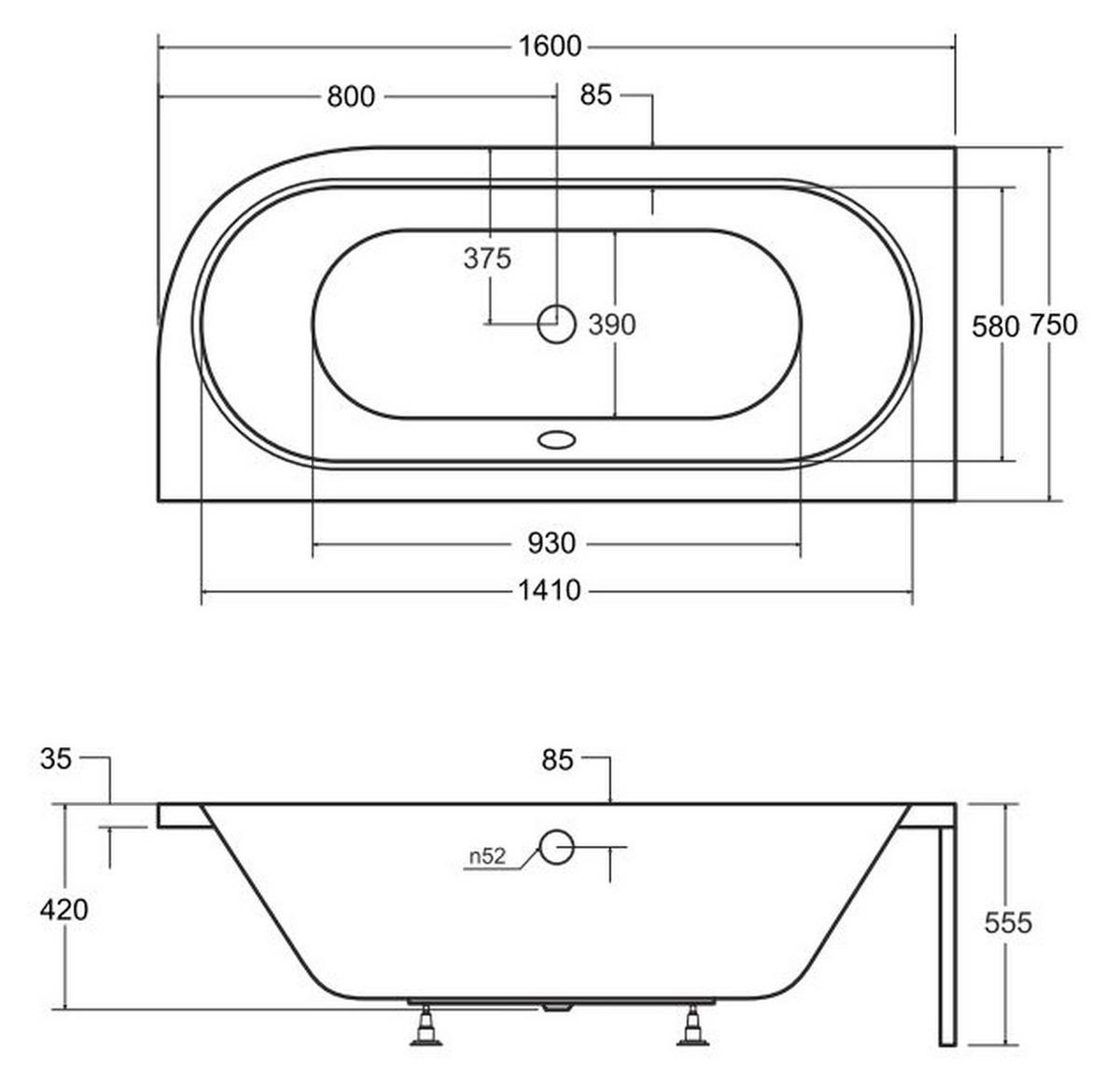 BADEWANNE Eckwanne AVITA 160/75 Links mit Schürze Ablauf Füße - Weiß, Kunststoff (75/55.5/160cm) - bad land