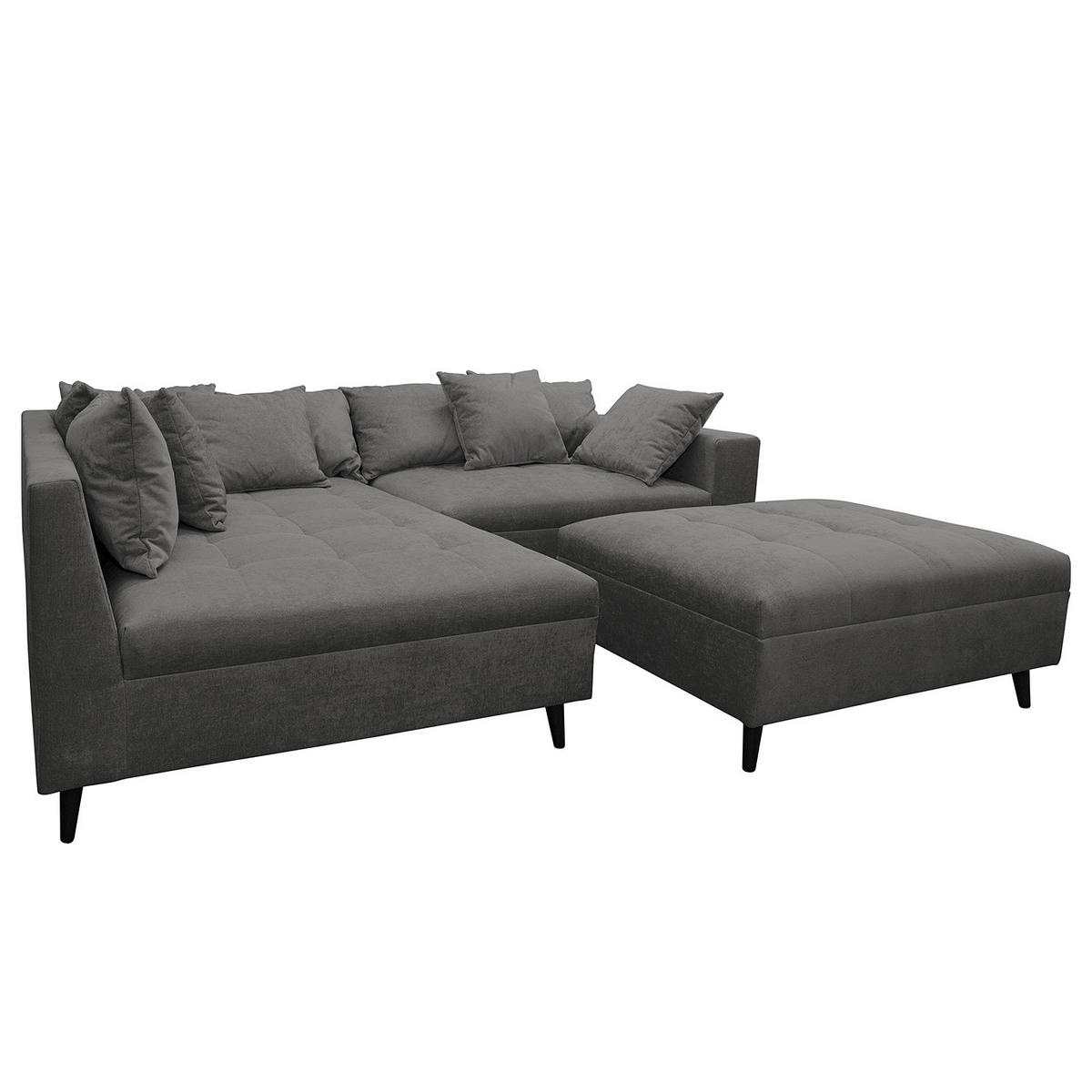 ECKSOFA mit Ottomane und Hocker - Schwarz/Grau, Birkenholz/Textil (247/174cm) - home24