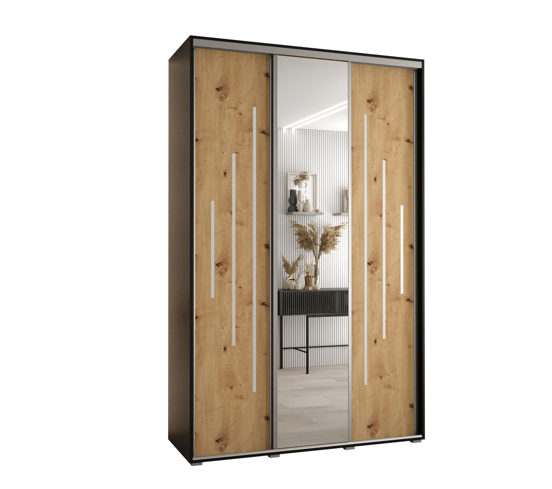Abiks Möbel Schwebetürenschrank Schwarz, Eiche Artisan, Silber 150x235x60 cm