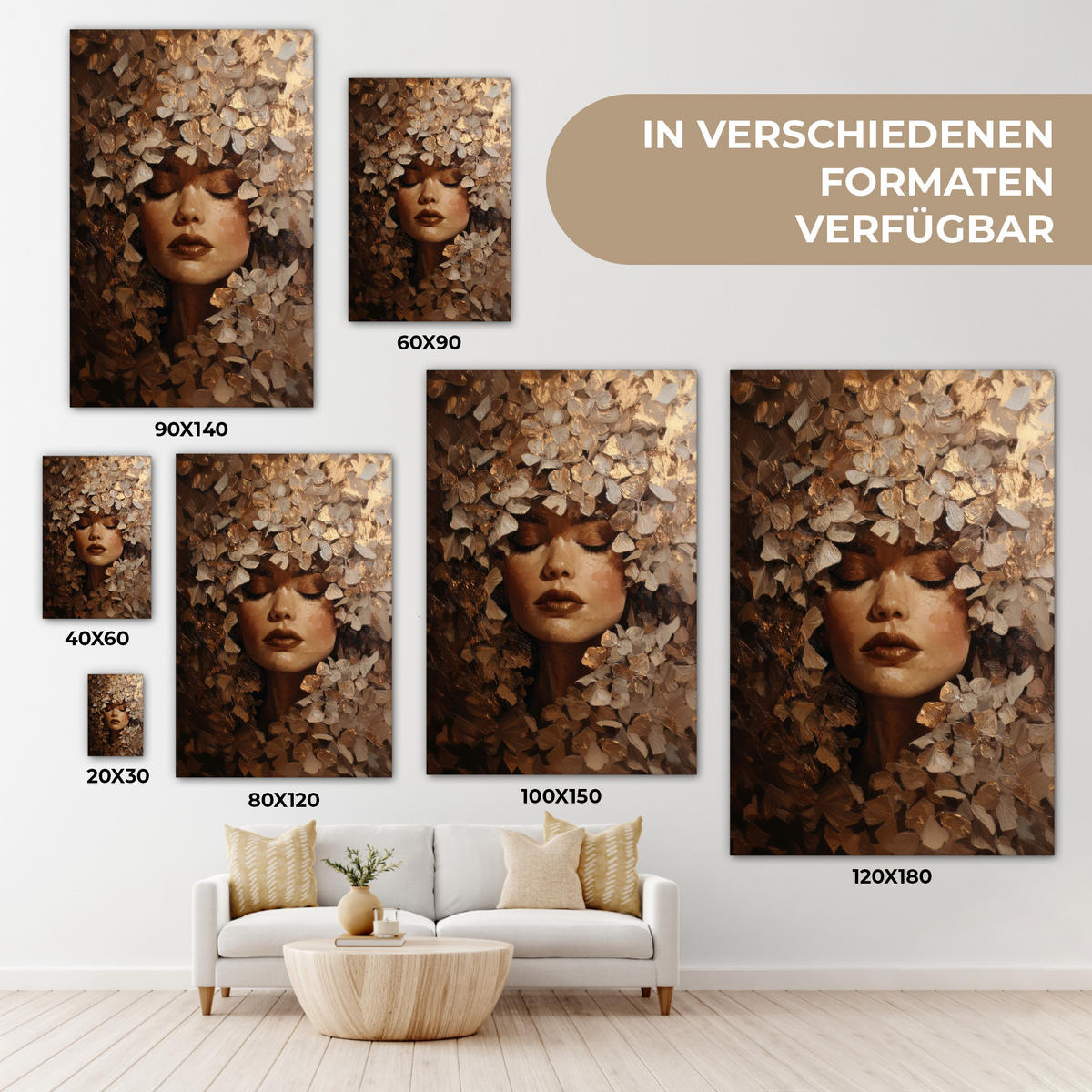 LEINWANDBILD Gesicht - Dame - Blätter - Pinselstriche Wanddeko Schlafzimmer 60x90 cm - Goldfarben, Textil (60/90cm) - MuchoWow