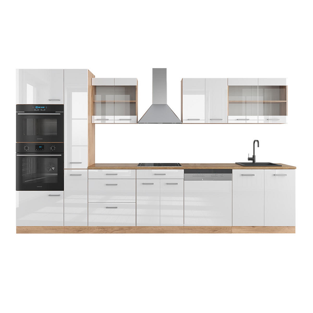 KÜCHENZEILE R-Line Weiß Hochglanz/Goldkraft Eiche 350 cm mit Hochschrank ohne AP - Weiß Hochglanz/Eiche Wotan, Holzwerkstoff (350/81.6/46cm) - Vicco