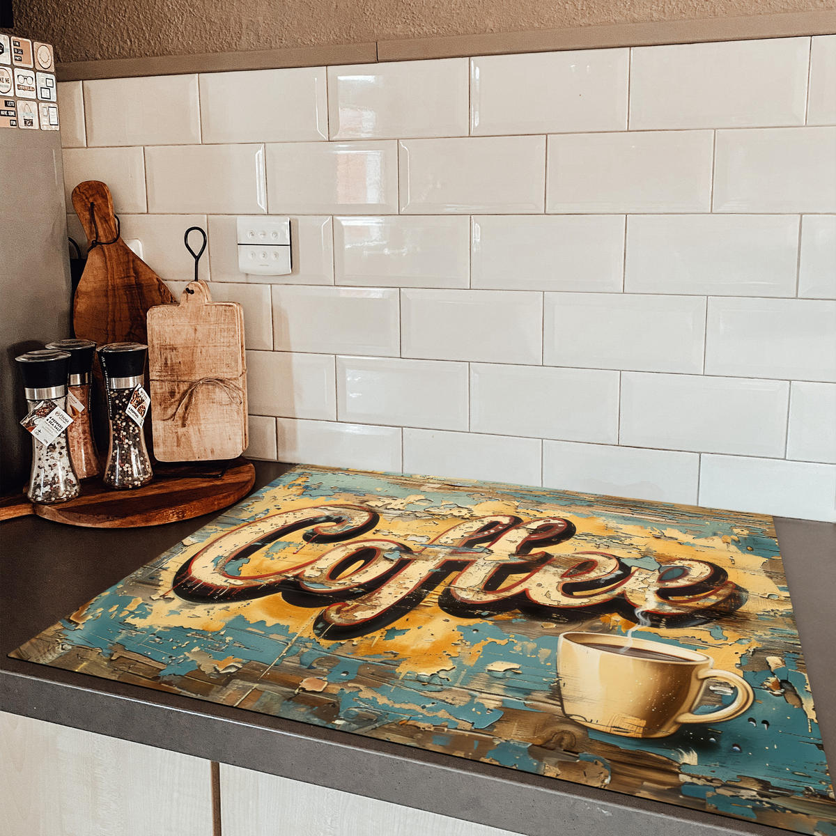 HERDABDECKPLATTE Kaffee - Vintage - Braun - Tasse Induktionsmatte 77x59 cm - Teakfarben, Kunststoff (77/59/0.2cm) - MuchoWow