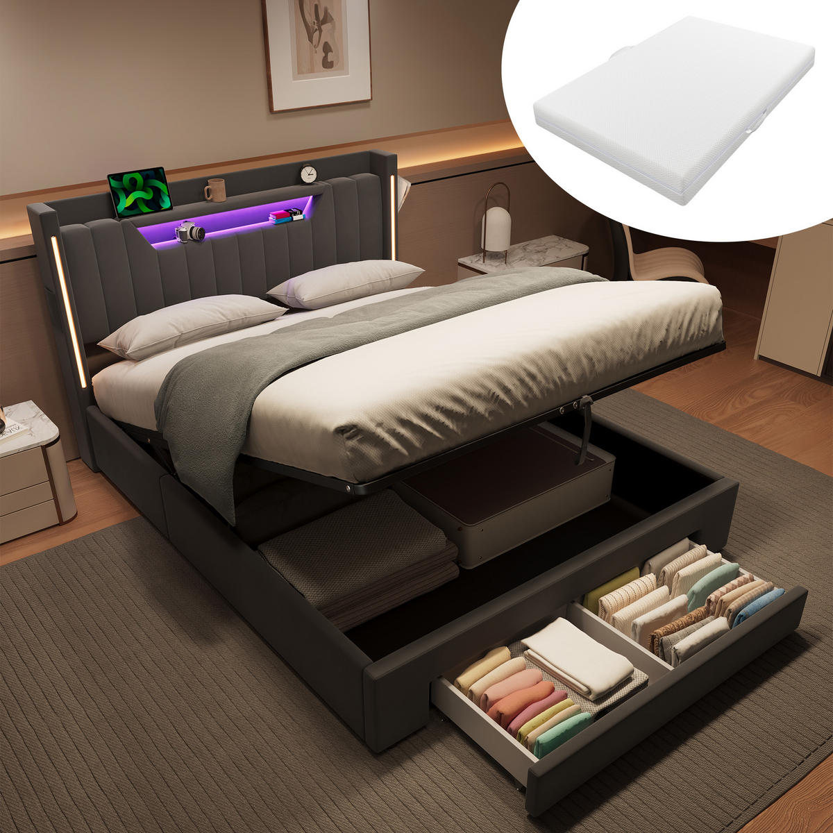 POLSTERBETT 140×200 mit Matratze, Bettkasten, Schubladen und LED Beleuchtung,Samtbezug, in Grau - Grau, Holzwerkstoff/Textil (140/200cm) - STILVORA