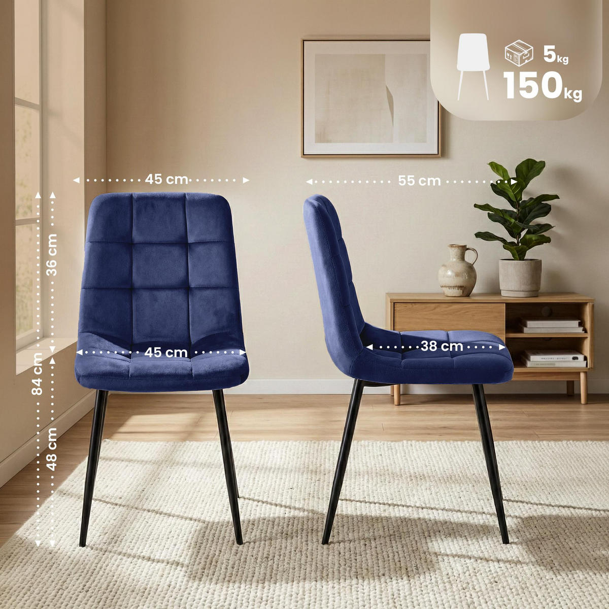 STUHL Samt Blau - Blau/Schwarz, Textil/Metall (45/84/55cm) - CLP