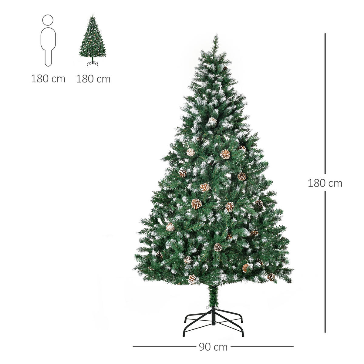 KÜNSTLICHER-WEIHNACHTSBAUM 180 cm Kieferbaum künstlich mit 59 Zapfen, Schnee - Grün, Kunststoff (180cm) - HOMCOM