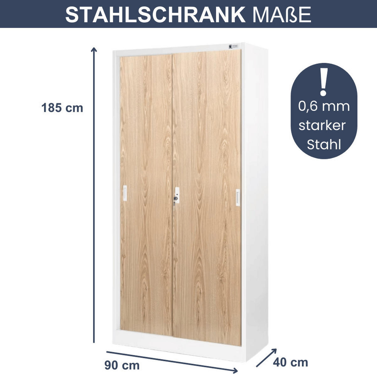 AKTENSCHRANK abschließbar ROLF mit Schiebetüren 185x90x40cm Weiß-Sonoma Eiche - Weiß, Metall (90/185/40cm) - DELUKE