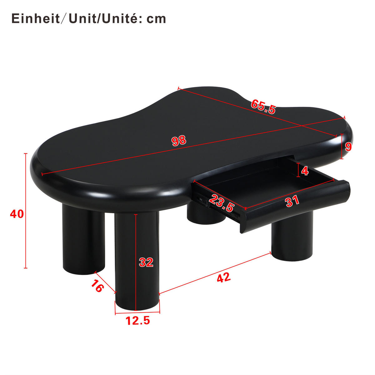 COUCHTISCH Schwarz in Wolkenform mit LED und Schubladen - Schwarz, Metall (98/65/40cm)
