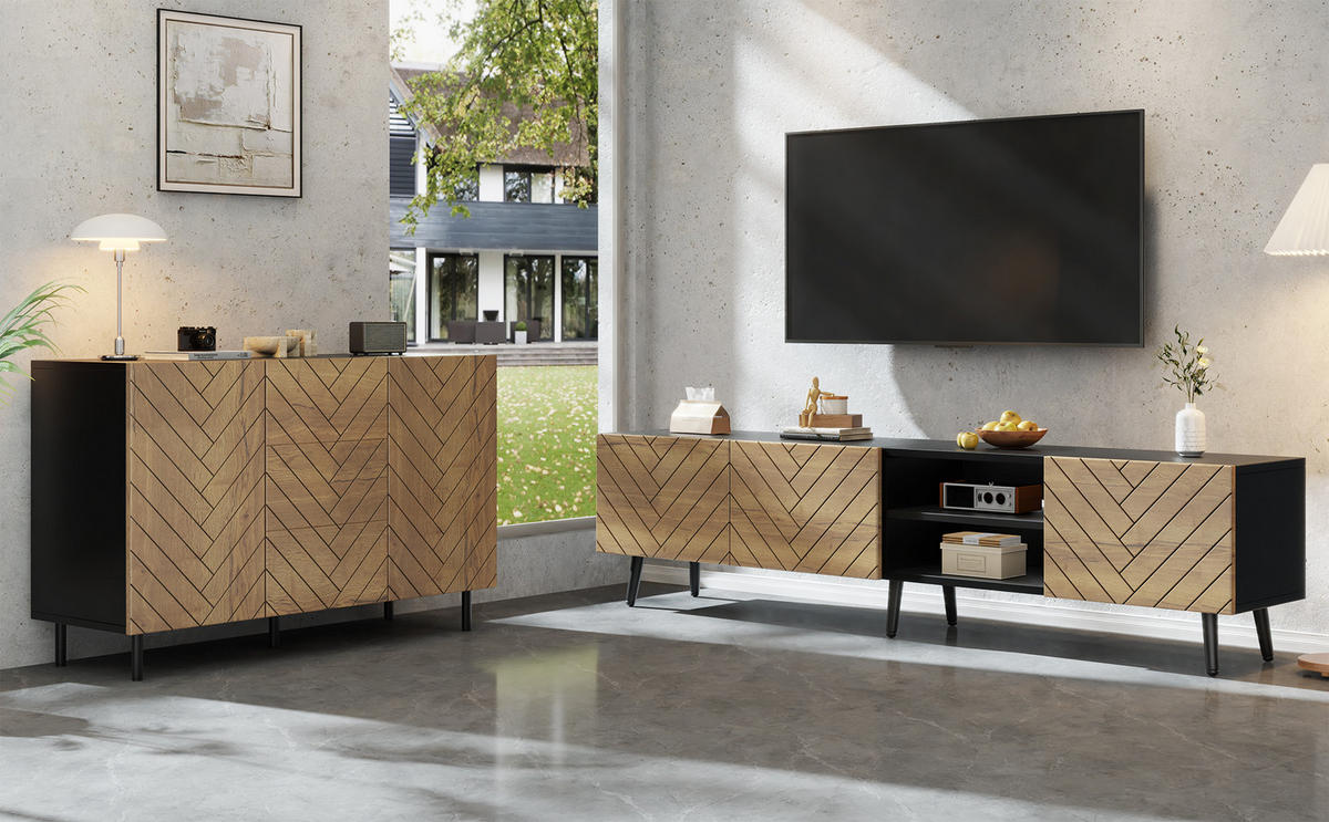 TV-BANK & SIDEBOARD SET Natur/Schwarz 2-teilig, Holzoptik, 180/33,5/45 cm & 120/40/76 cm - Naturfarben, Holzwerkstoff (120/76/40cm) - PANGIVO