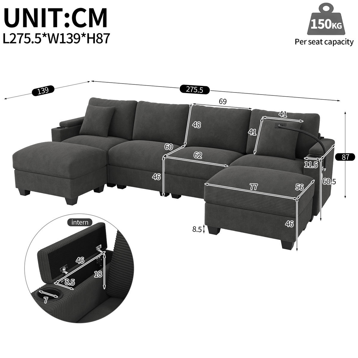 WOHNLANDSCHAFT 275.5/139/87 cm Grau mit Schlaffunktion, Handyhalter und USB-Ladeanschluss - Grau, Textil (275.5/87/139cm) - Oxeza