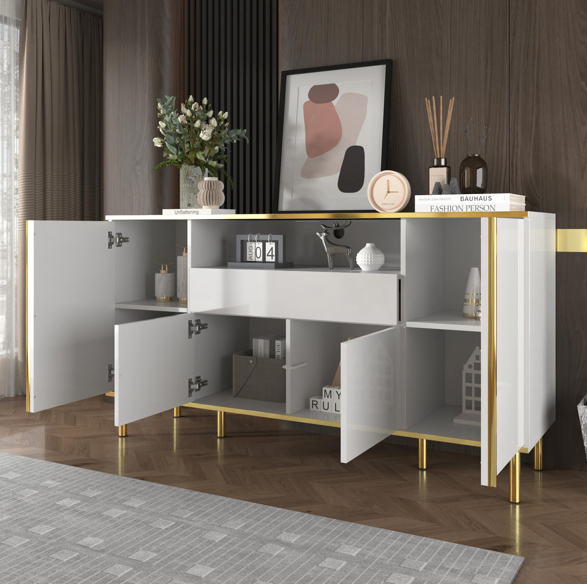 SIDEBOARD 150/40/80 cm weiß aus MDF mit LED-Beleuchtung - Weiß, Holzwerkstoff (150/80/40cm) - OKWISH