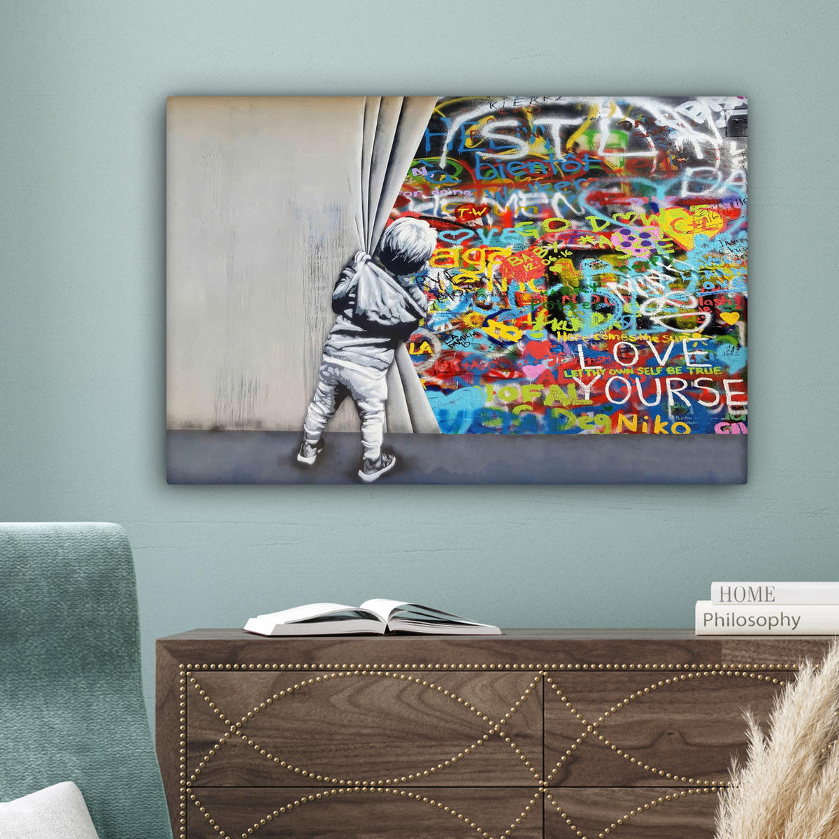 LEINWANDBILD Graffiti - Junge - Ilussie - Straßenkunst Wanddeko 90x60 cm - Hellgrau, Textil (90/60cm) - MuchoWow