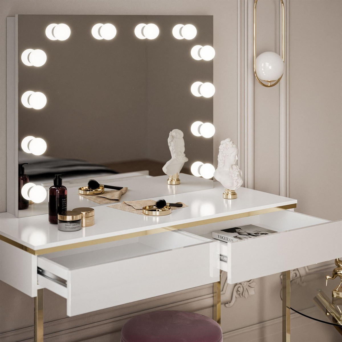 SCHMINKTISCH AURORA GOLD ELITE in Weiß hochglanz mit Spiegel - Weiß Hochglanz/Goldfarben, Holzwerkstoff/Metall (102/144/44cm) - Lookway