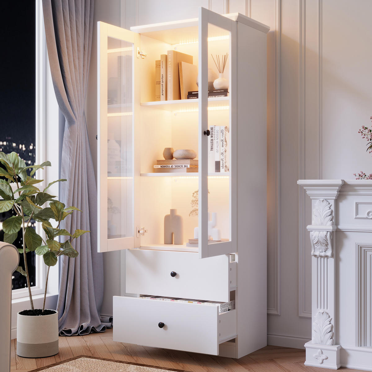 VITRÍNA z MDF a dřevotřísky 60x165x35,5 cm bílá s LED, USB, skleněnými dvířky a 2 zásuvkami - bílá, kompozitní dřevo (60/165/35.5cm) - Modfu