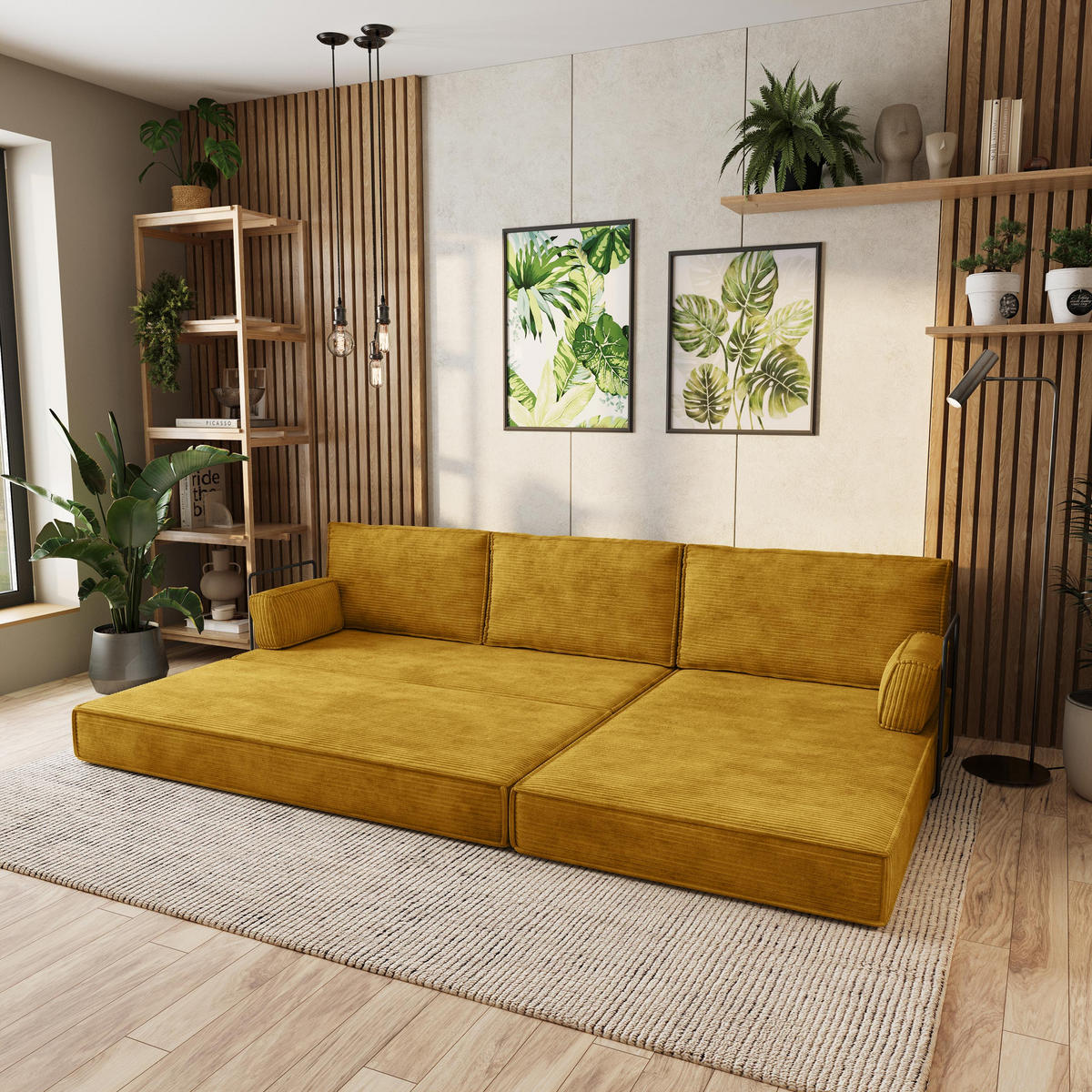 ECKSOFA ANKO modulares Boneless Sofa mit Schlaffunktion Gelb Kordstoff - Gelb, Textil (270/160cm) - MASSENO