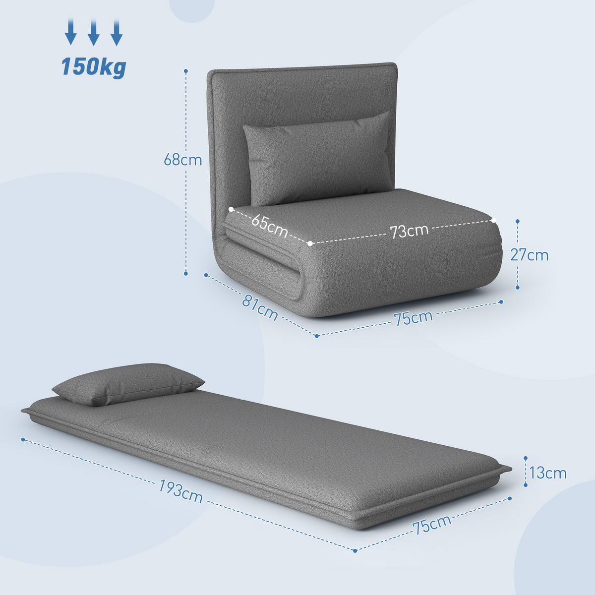 BODENSOFA 3-in-1 Klappbar Schlafsofa, Gepolstert Sofabett mit Schlaffunktion - Dunkelgrau, Textil/Metall (81/68/75cm) - HOMCOM