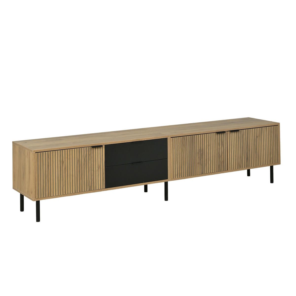 TV-BANK Schwarz/Natur 208/40/48 cm, Soft-Close, Kabelmanagement, 2 Schubladen - Schwarz, Holzwerkstoff (208/48/40cm) - PANGIVO