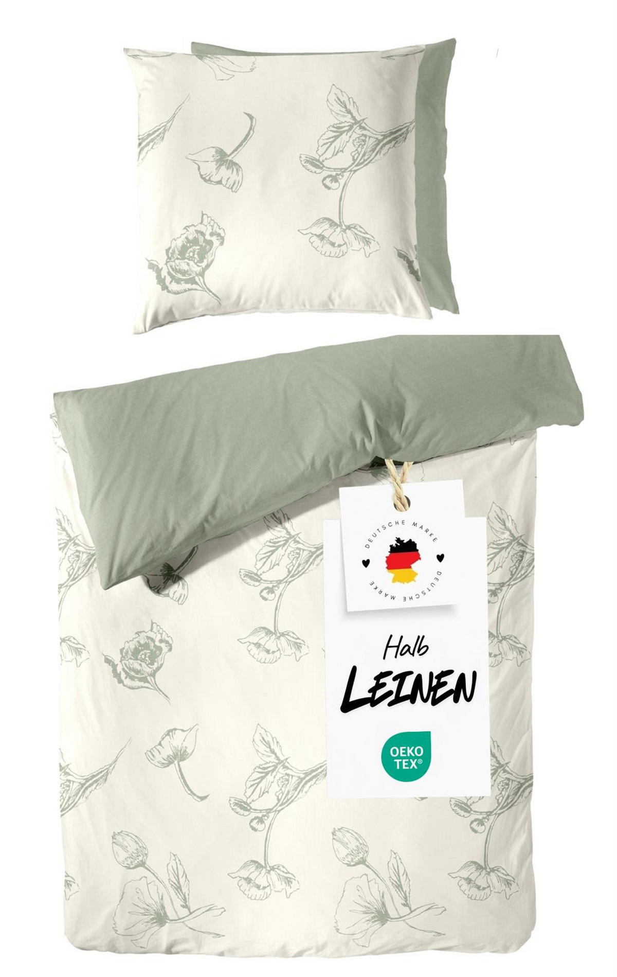 WENDE-BETTWÄSCHE Halbleinen 155x220 cm aus 55% Baumwolle 45% Leinen, Bettbezug 155 x 220 - Floral Grün - Grün, Textil (155/220cm) - Carpe Sonno