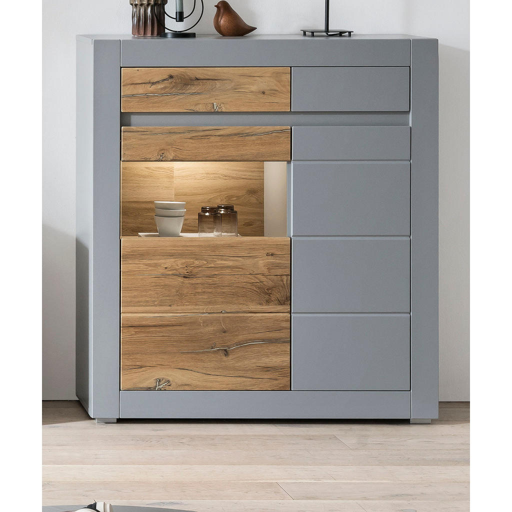 Thumbnail - Furn.Design Vitrine, Grau, Eiche, Holzwerkstoff, Nachbildung,Eiche, Uni, Holz Optik, 2 Fächer, 1 Schubladen, Rechteckig,...