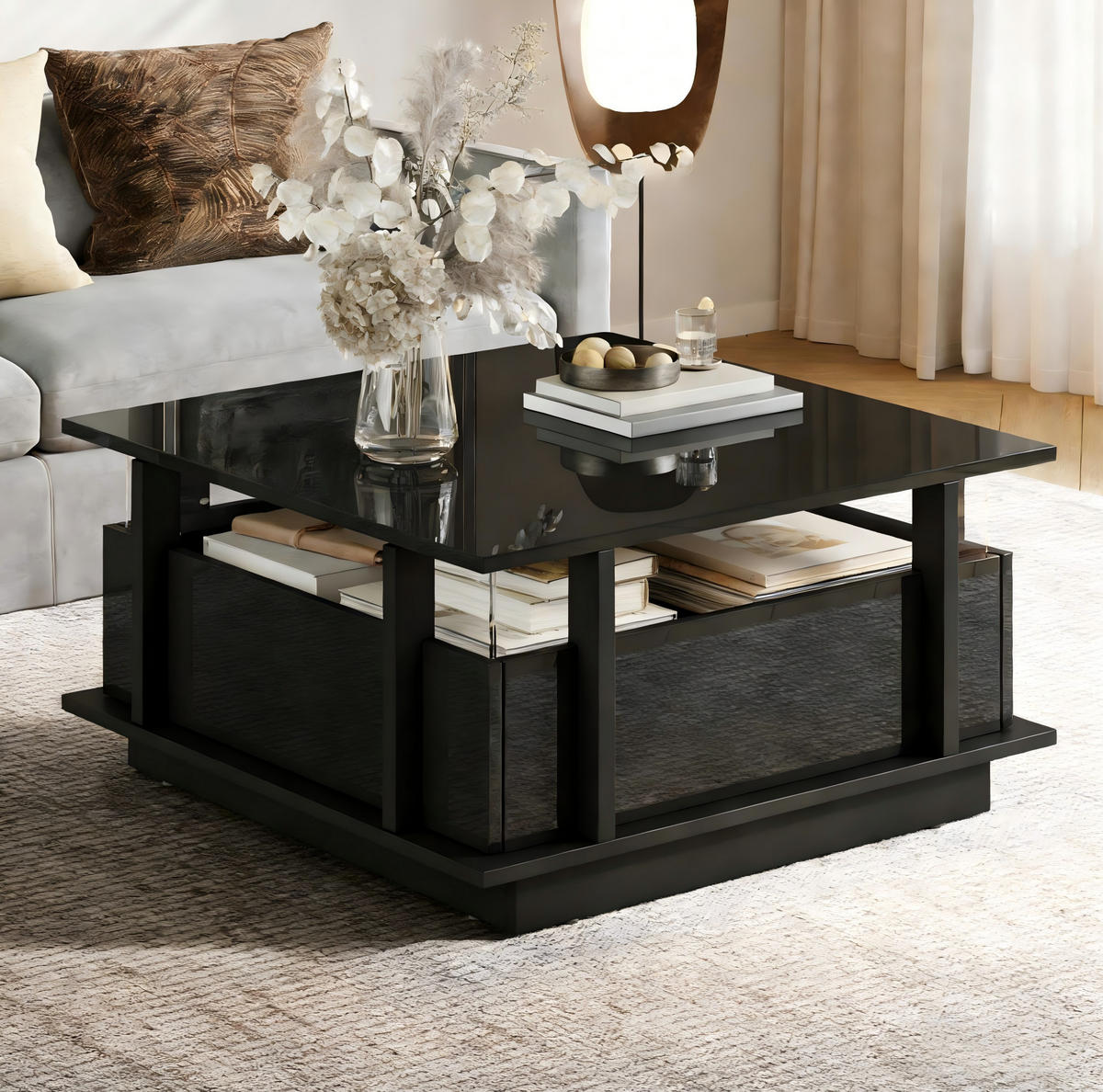 COUCHTISCH aus Spanplatte 70x70x35 cm Schwarz mit 2 Schubladen, LED-Beleuchtung und Acryl-Trennwänden - Schwarz, Holzwerkstoff (70/70/35cm) - IVMEU