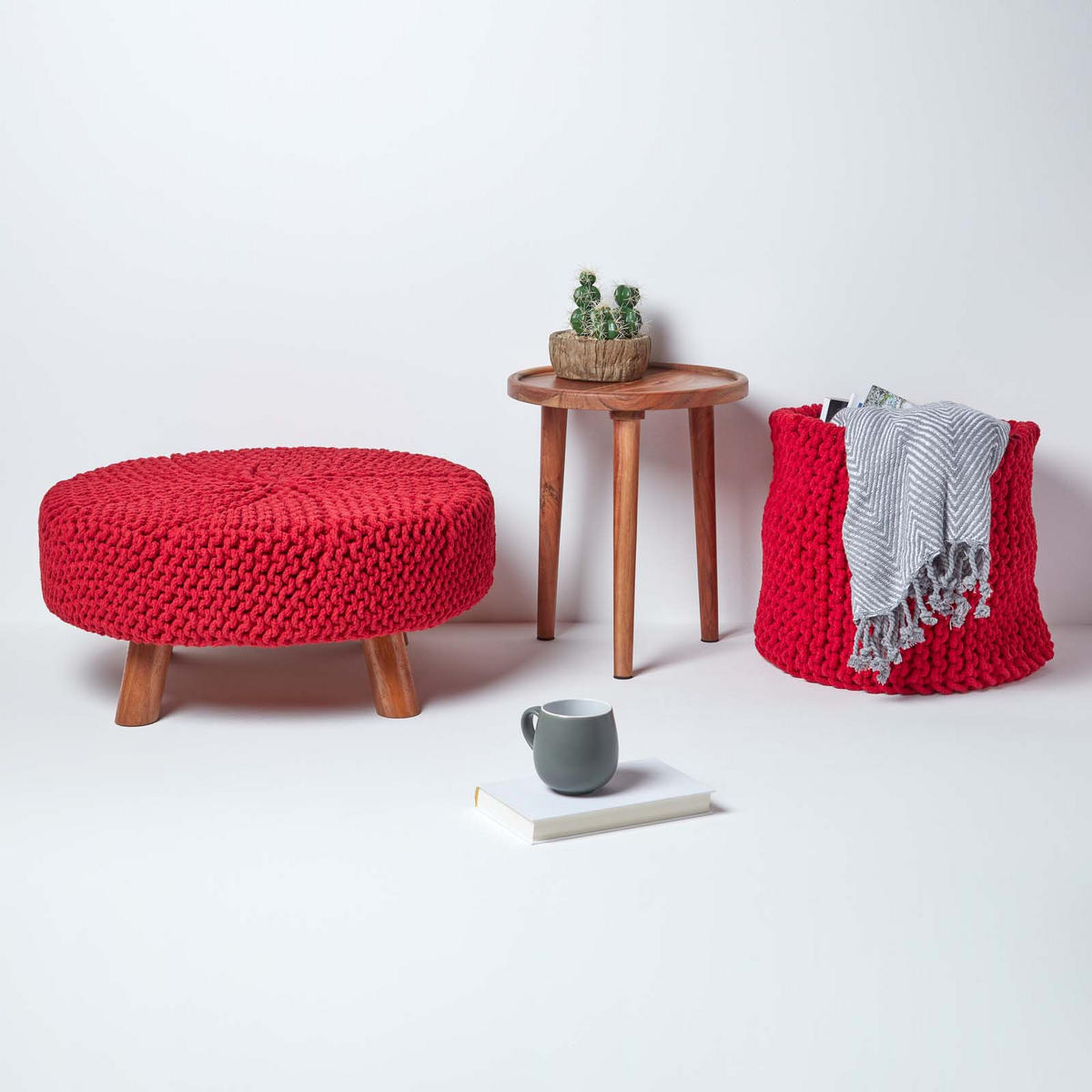 STRICK-HOCKER rot, rund 62/62/30 cm - Rot, Textil (62/30/62cm) - Homescapes