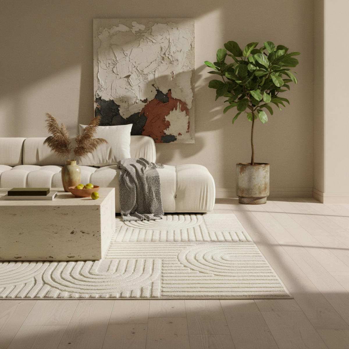 TEPPICH Esszimmer 3D Skandinavischer Boho Elegant Waschbar Wohnzimmer Creme 240x340 cm – RIGI - Beige, Textil (340/240cm) - KADIMA DESIGN