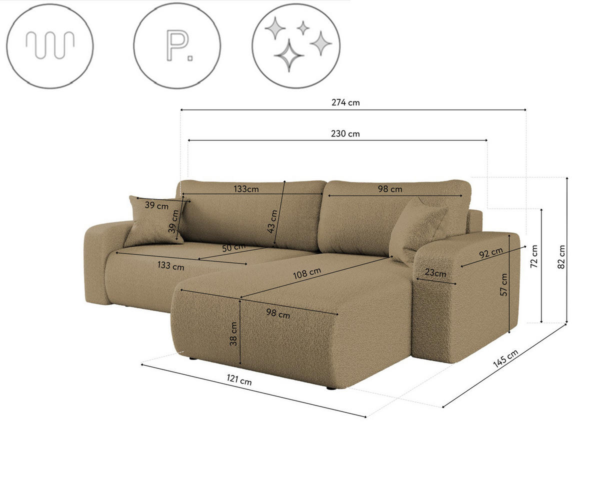 SCHLAFSOFA MILANO XL Und Bettkasten Stoff Quelle Hellbraun Rechts - Hellbraun, Holz (274/82/145cm) - Kaiser Möbel