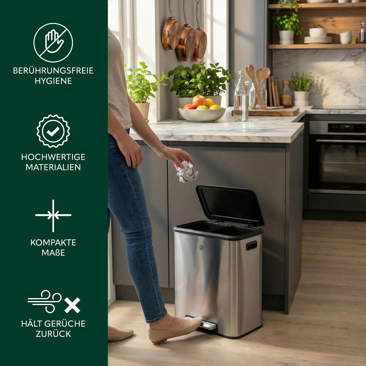 ABFALLEIMER je 15 Liter, silber - Edelstahlfarben, Metall (42.5/50/33.5cm) - eluno