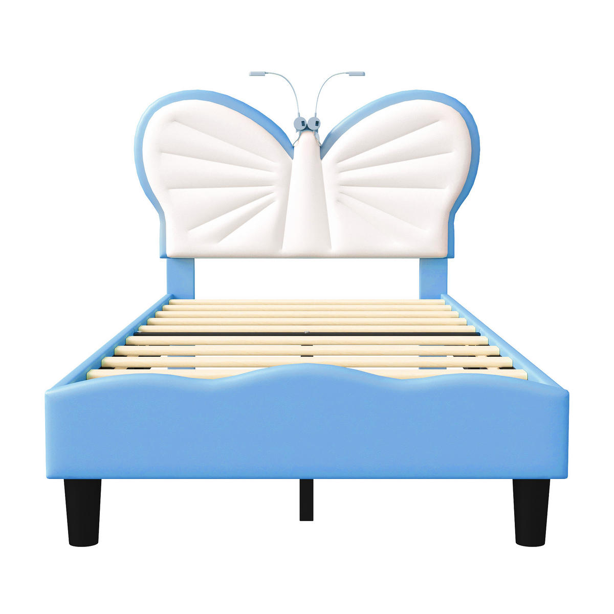 KINDERBETT mit Leselampen 90x200, höhenverstellbarer Schmetterling-Kopfteil - Blau, Holz (90/200cm) - SHOPENTRA