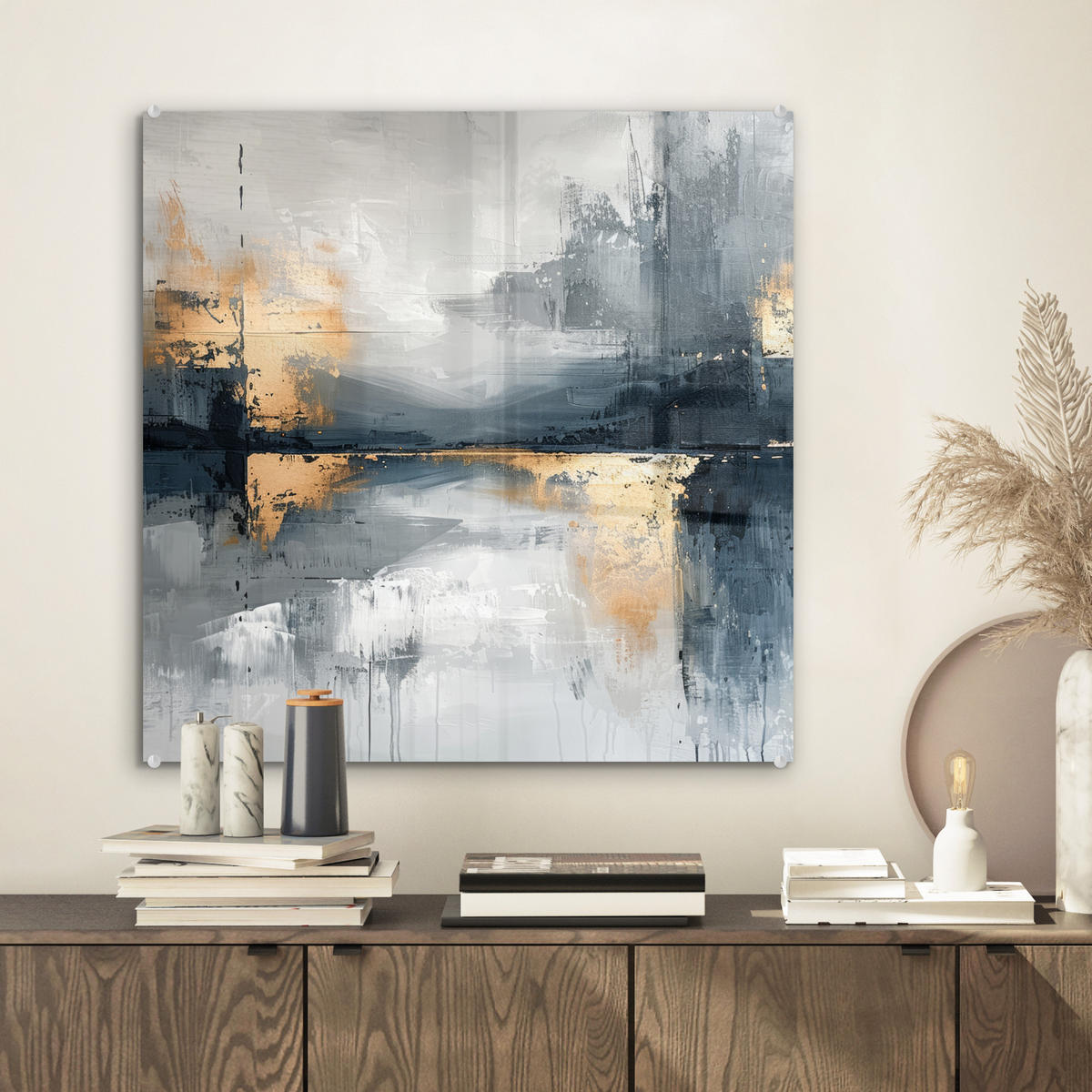 OBRAZ NA AKRYLOVOM SKLE Umenie - sivé - zlaté - abstraktné 50x50 cm - tmavosivá, sklo (50/50cm) - MuchoWow
