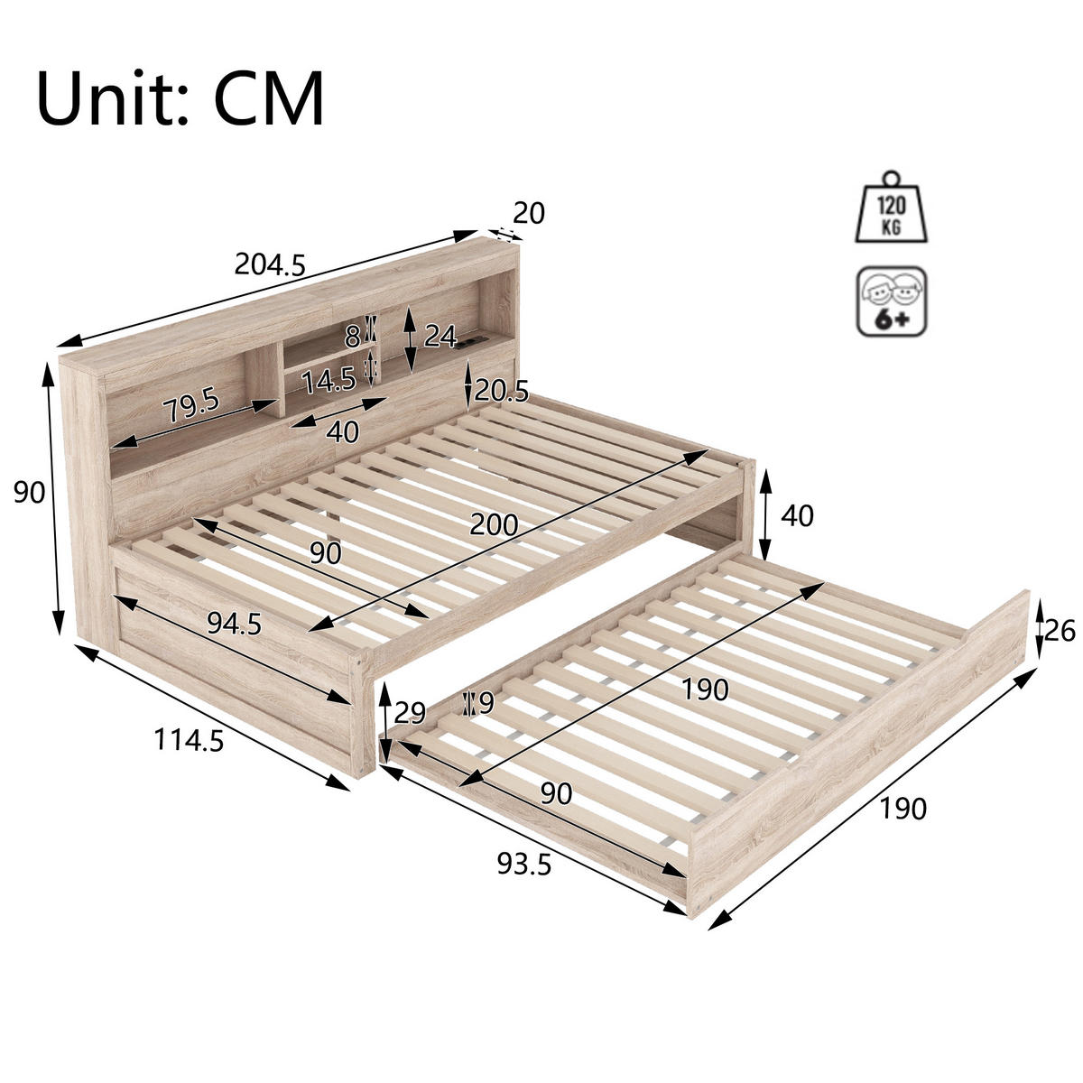 SCHLAFSOFA 90x200cm Natur LED-Licht Bettseite Staufach Ausziehbett USB - Naturfarben, Holz (90/200cm) - FLIEKS