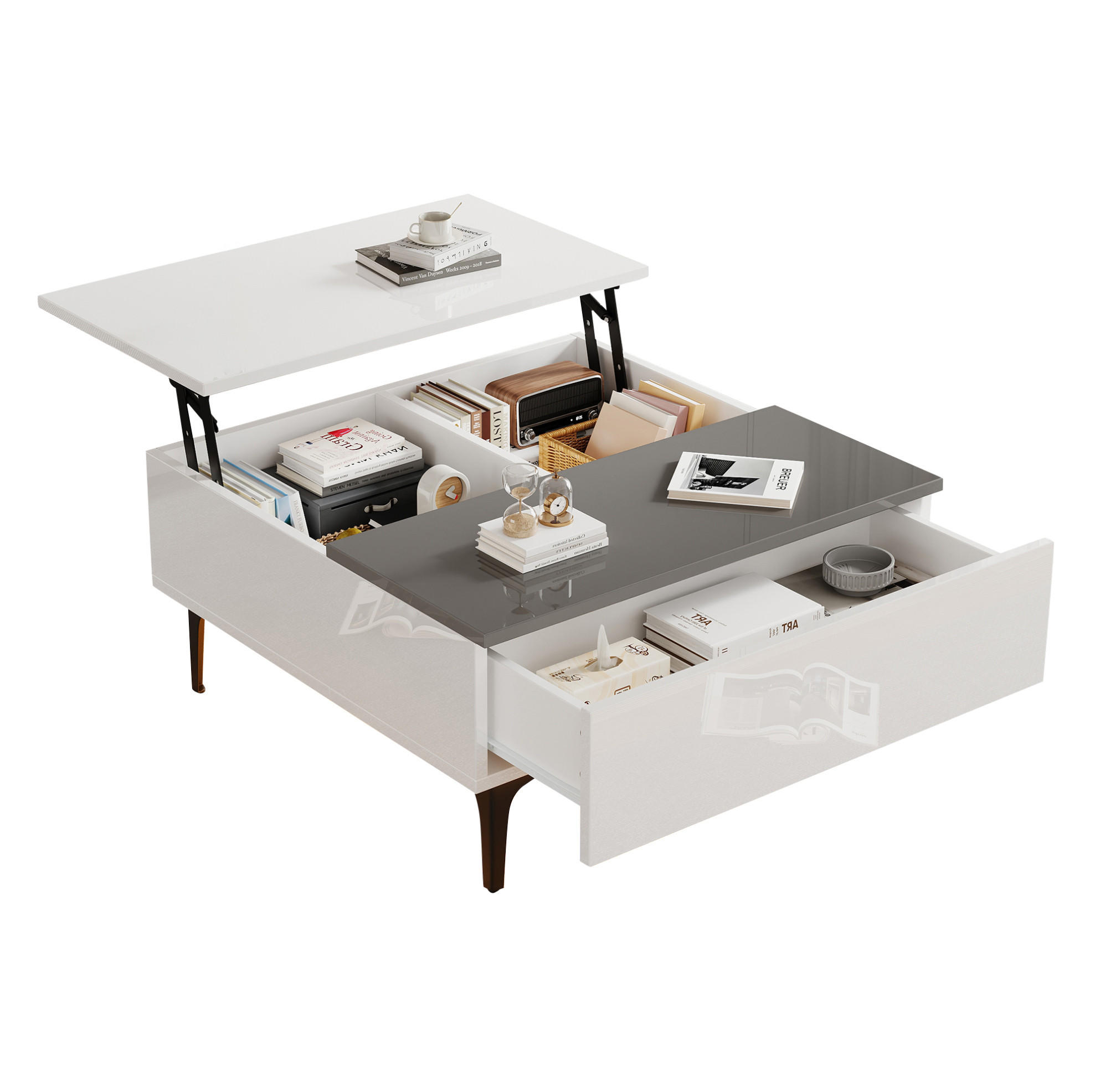 KONFERENČNÍ stolek z MDF, 70/70/35 cm bílý/šedý, výškově nastavitelný s LED a úložným prostorem - bílá, kompozitní dřevo (70/70/35cm) - BEAOK