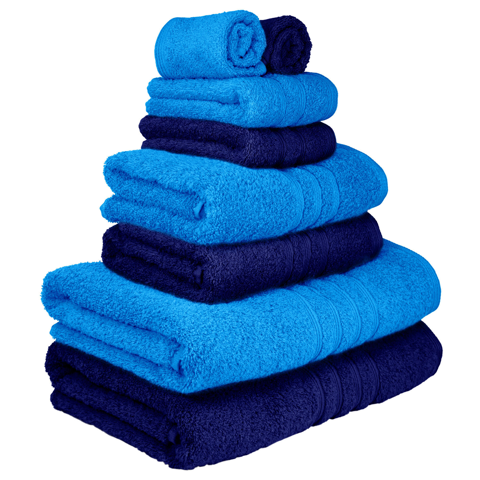 HANDTUCH Set London 8-teilig, 2x Duschtuch 70x140 + 2x Handtuch 50x100 + 2x Gästetuch 30x50 + 2x Waschlappen 30x30 Capri - Marine - Blau/Hellblau, Textil (70/140cm) - Lashuma