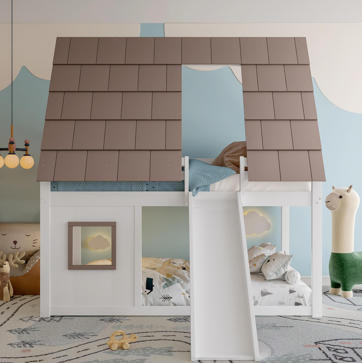 HAUSBETT 140/200 cm mit Dach und Rutsche in Weiß/Braun - Braun, Holzwerkstoff (140/200cm) - BEAOK