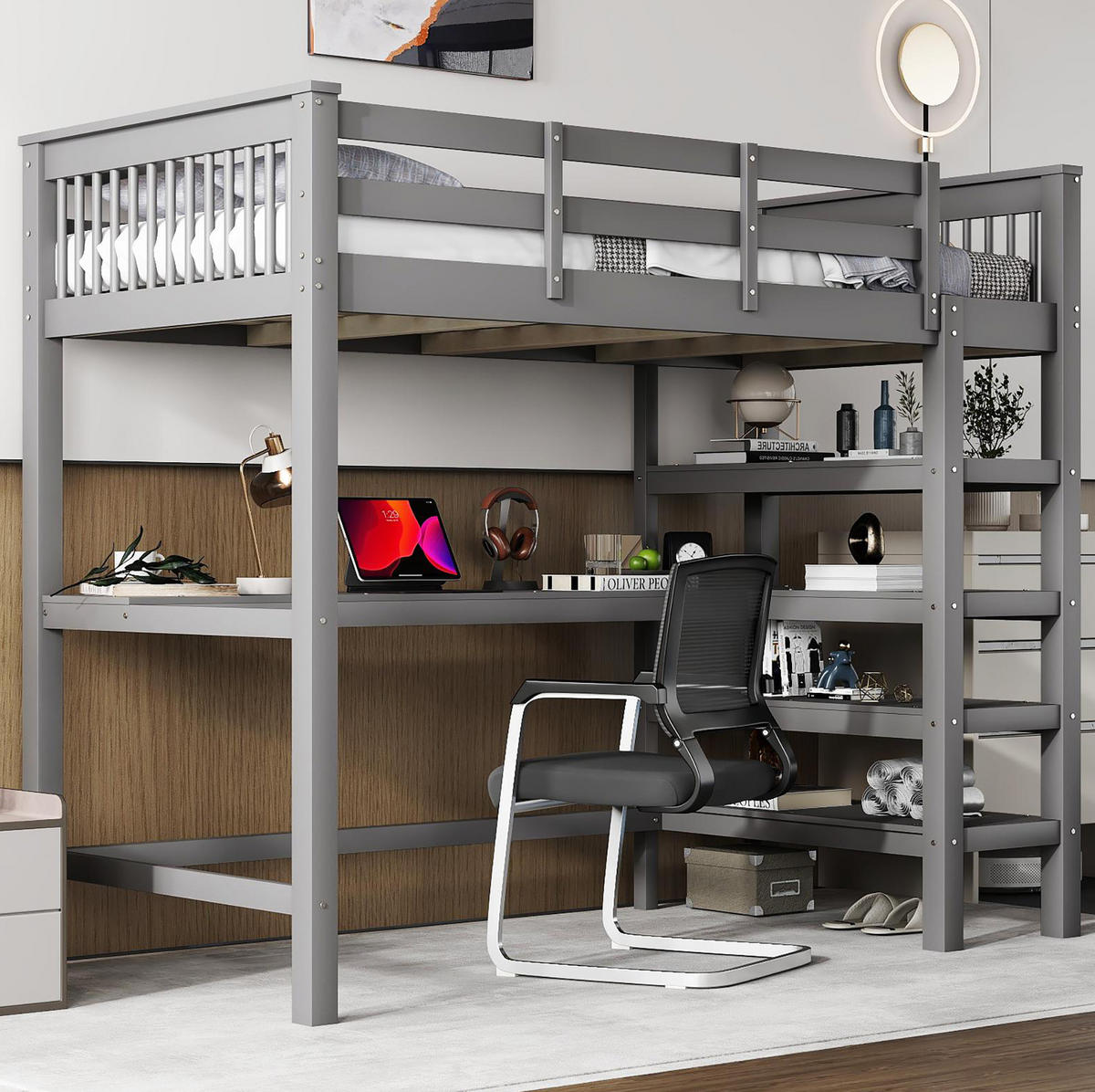 HOCHBETT 90/200 cm Grau mit Schreibtisch und Ablagefächern - Grau, Holzwerkstoff (90/200cm) - Flora Grace