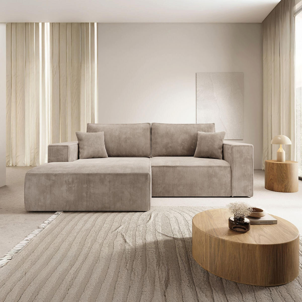 ECKSOFA Farese Mini mit Cordbezug Beige, links - Beige/Schwarz, Textil (240/167cm) - Selsey