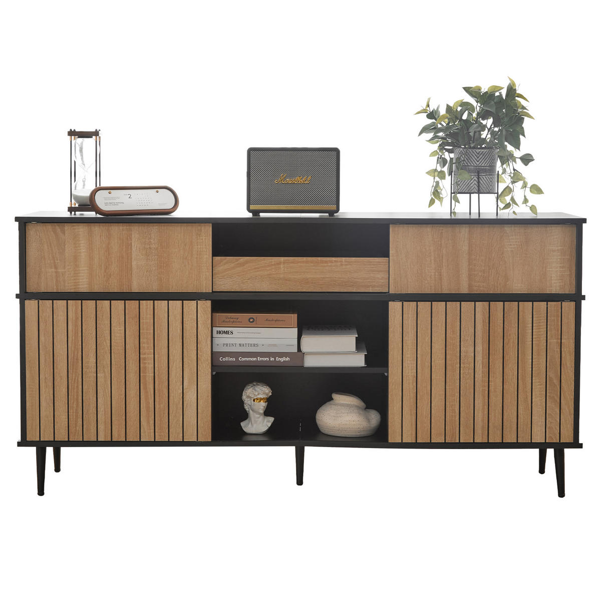 KOMMODE 160/40/80 cm aus Spanplatte mit 4 Schiebetüren und 1 Schublade Schwarz/Natur - Schwarz, Holzwerkstoff (160/80/40cm) - Modenvie