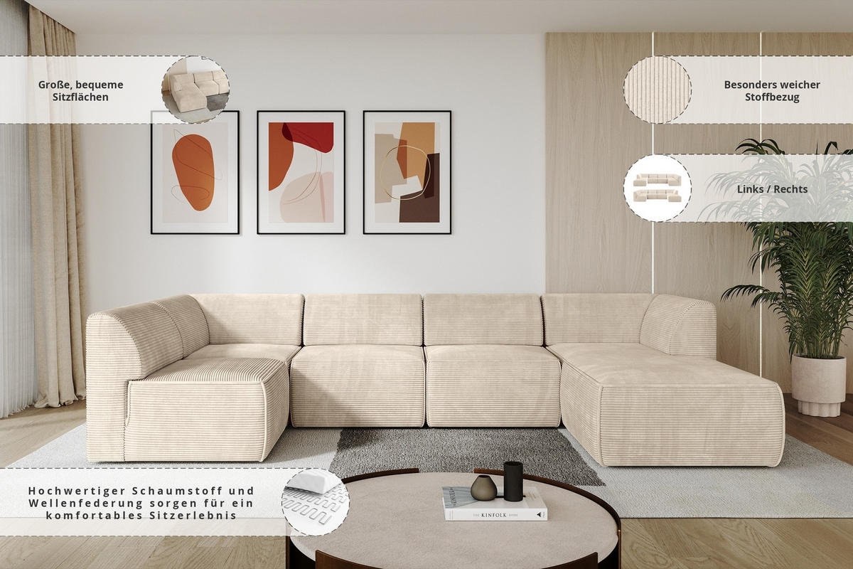 WOHNLANDSCHAFT Ottomane Rechts MOVA 345x180x78 Beige Cord - Kaschmir/Beige, Holzwerkstoff/Kunststoff (345/78/180cm) - ALTDECOR
