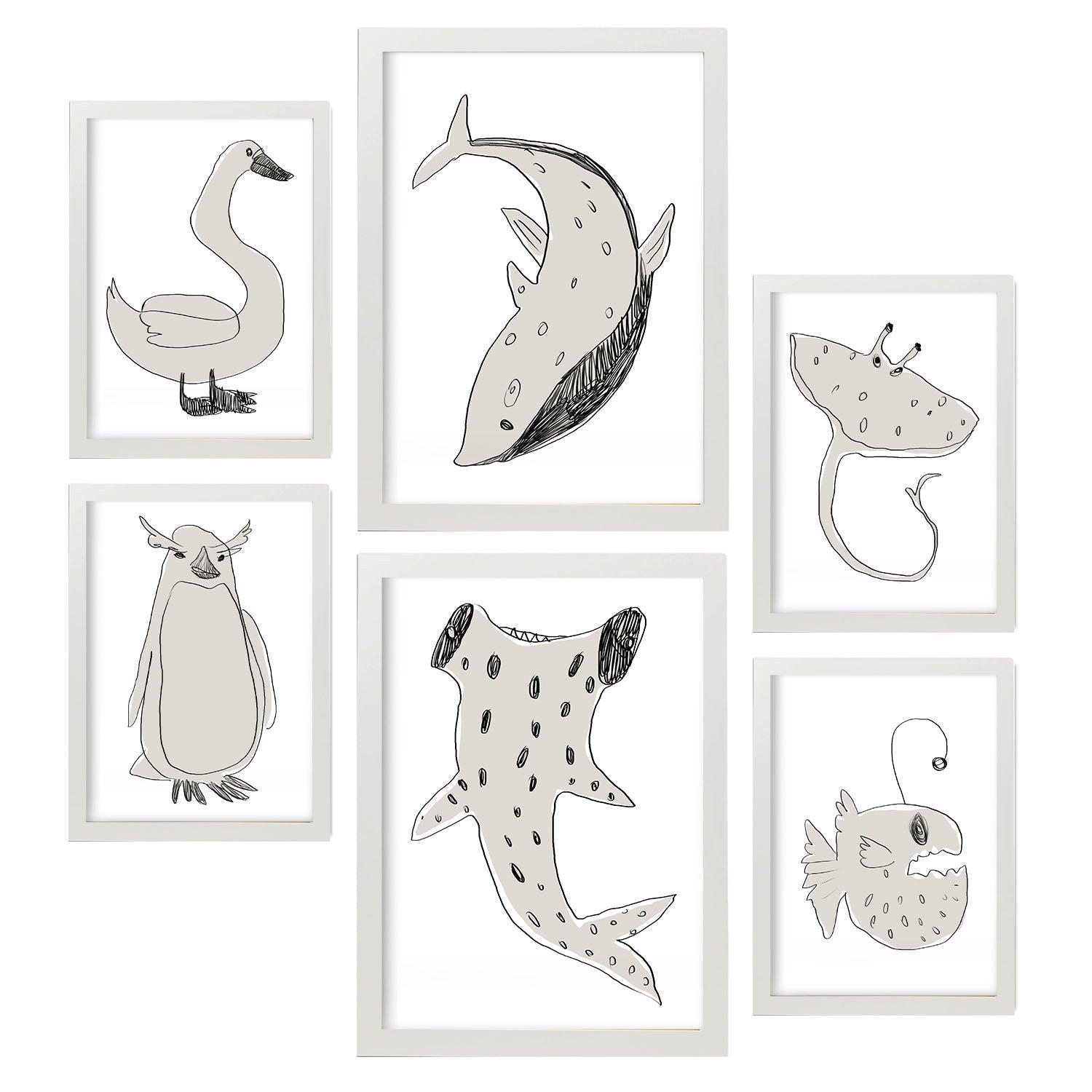 POSTER Set Mit 6 Sea Varmint In Tiere Abstracts Ästhetische Dekorative Gemälde Für Ihr Wohnzimmer, Schlafzimmer, Zuhause A3 & A4 Weißer Rahmen - Weiß, Papier (29/3cm) - Nacnic