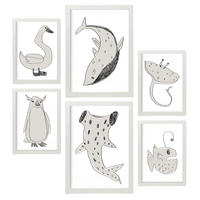 POSTER Set Mit 6 Sea Varmint In Tiere Abstracts Ästhetische Dekorative Gemälde Für Ihr Wohnzimmer, Schlafzimmer, Zuhause A3 & A4 Weißer Rahmen - Weiß, Papier (29/3cm) - Nacnic