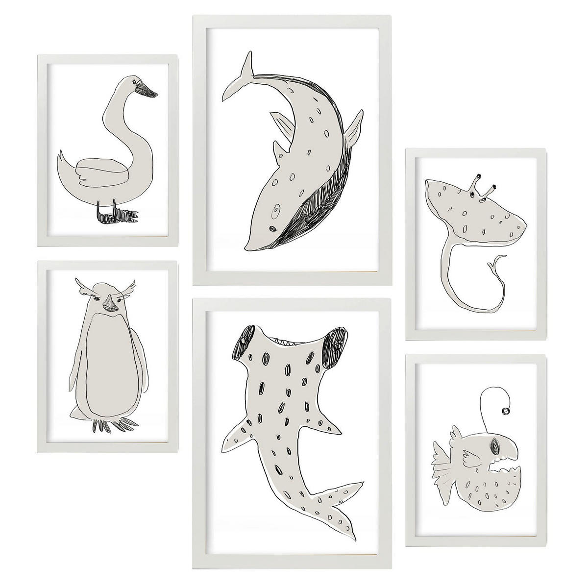 POSTER Set Mit 6 Sea Varmint In Tiere Abstracts Ästhetische Dekorative Gemälde Für Ihr Wohnzimmer, Schlafzimmer, Zuhause A3 & A4 Weißer Rahmen - Weiß, Papier (29/3cm) - Nacnic