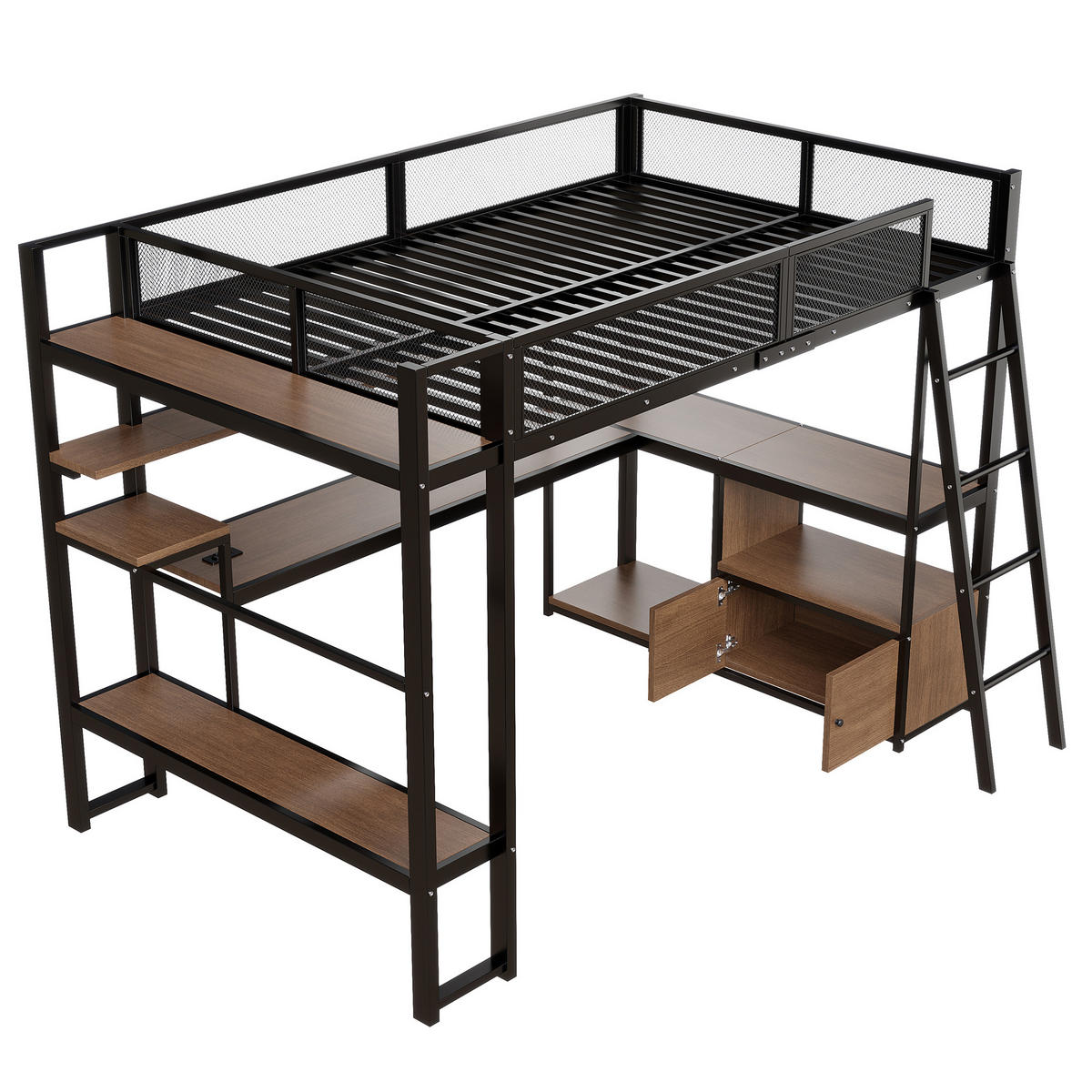 HOCHBETT 140/200 cm in Schwarz mit LED, Ladestation und Stauraum aus Metall - Schwarz, Metall (140/200cm) - CHICFURN