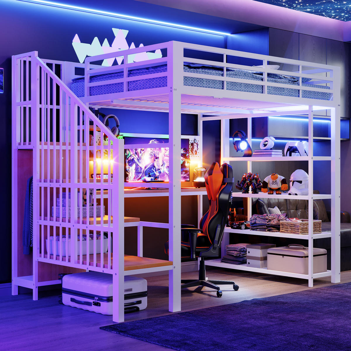 HOCHBETT 140/200 cm in Weiß mit Treppe, LED, Steckdosen und Regal - Weiß, Holzwerkstoff/Metall (140/200cm) - CHICFURN