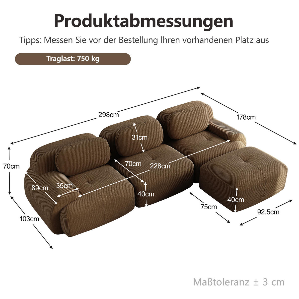 ECKSOFA DE-34025 modular 3-Sitzer Braun - Braun, Textil (178/298cm) - ComfortXL
