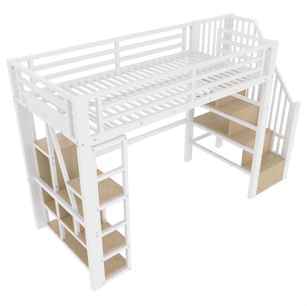 HOCHBETT 90/200 cm in Weiß mit Stauraumtreppe, Rausfallschutz und LED - Weiß, Holzwerkstoff (90/200cm) - BEAOK