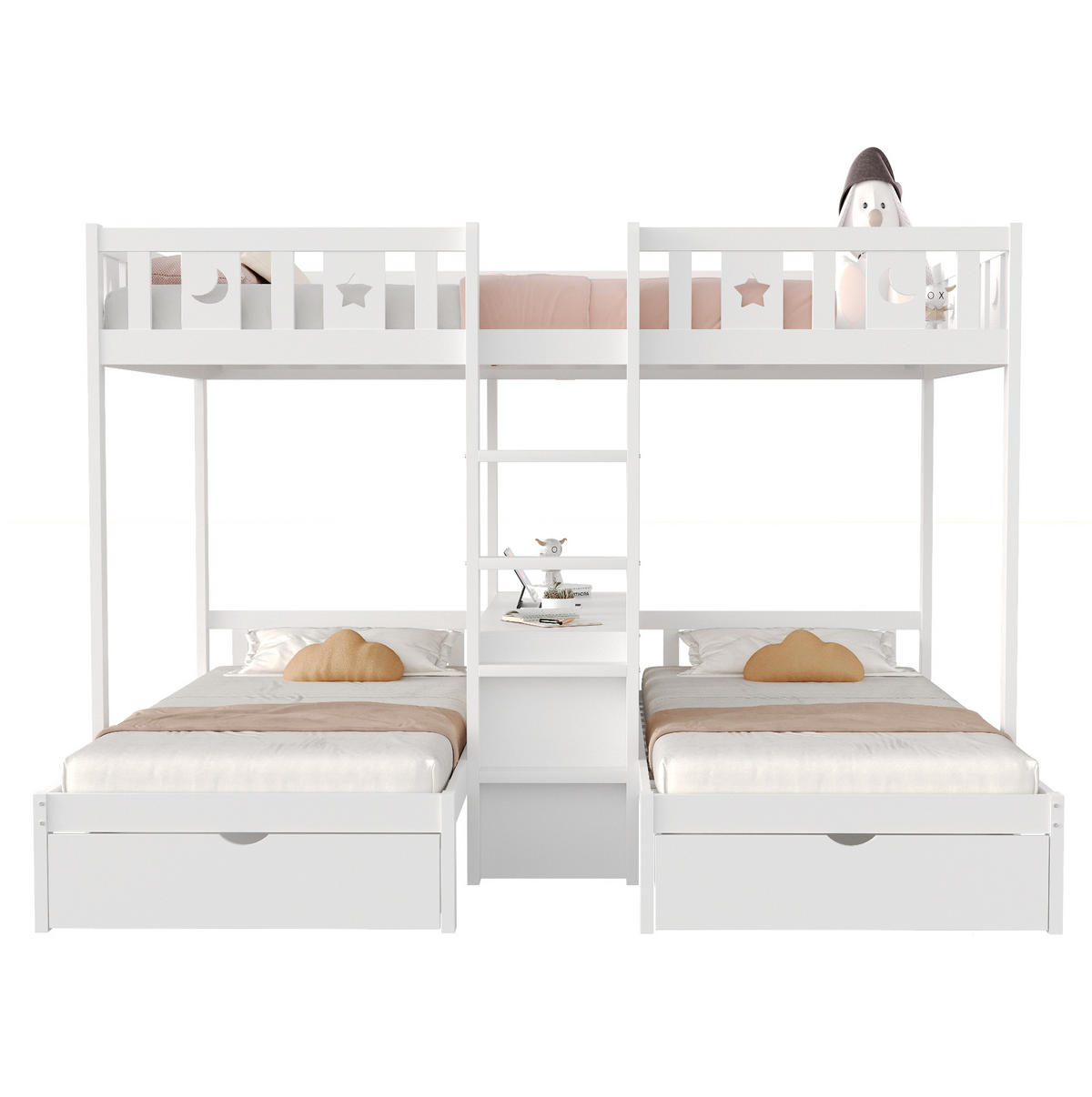 HOCHBETT Etagenbett 140/200 und 2x 90/200 cm aus Holz mit Stern-Mond-Geländer und 2 Schubladen Weiß - Weiß, Holz (140/200cm) - Modenvie